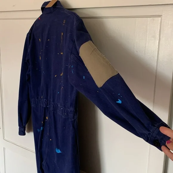 Artist coveralls, jumpsuit, patches and paint, drawstring bottoms, button up